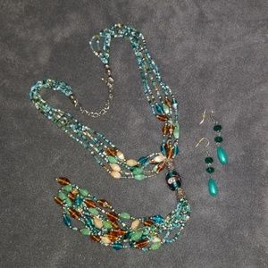 Teal and green bead lariat necklace & earrings